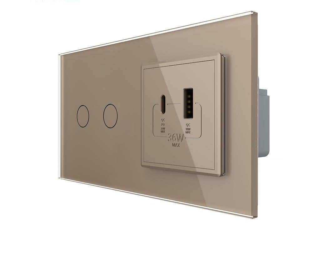 Выключатель умный Livolo сенсорный/двойной с розеткой USB-A + USB-C 36Вт стекло Золотой Выключатель умный Livolo сенсорный/двойной с розеткой USB-A + USB-C 36Вт стекло Золотой