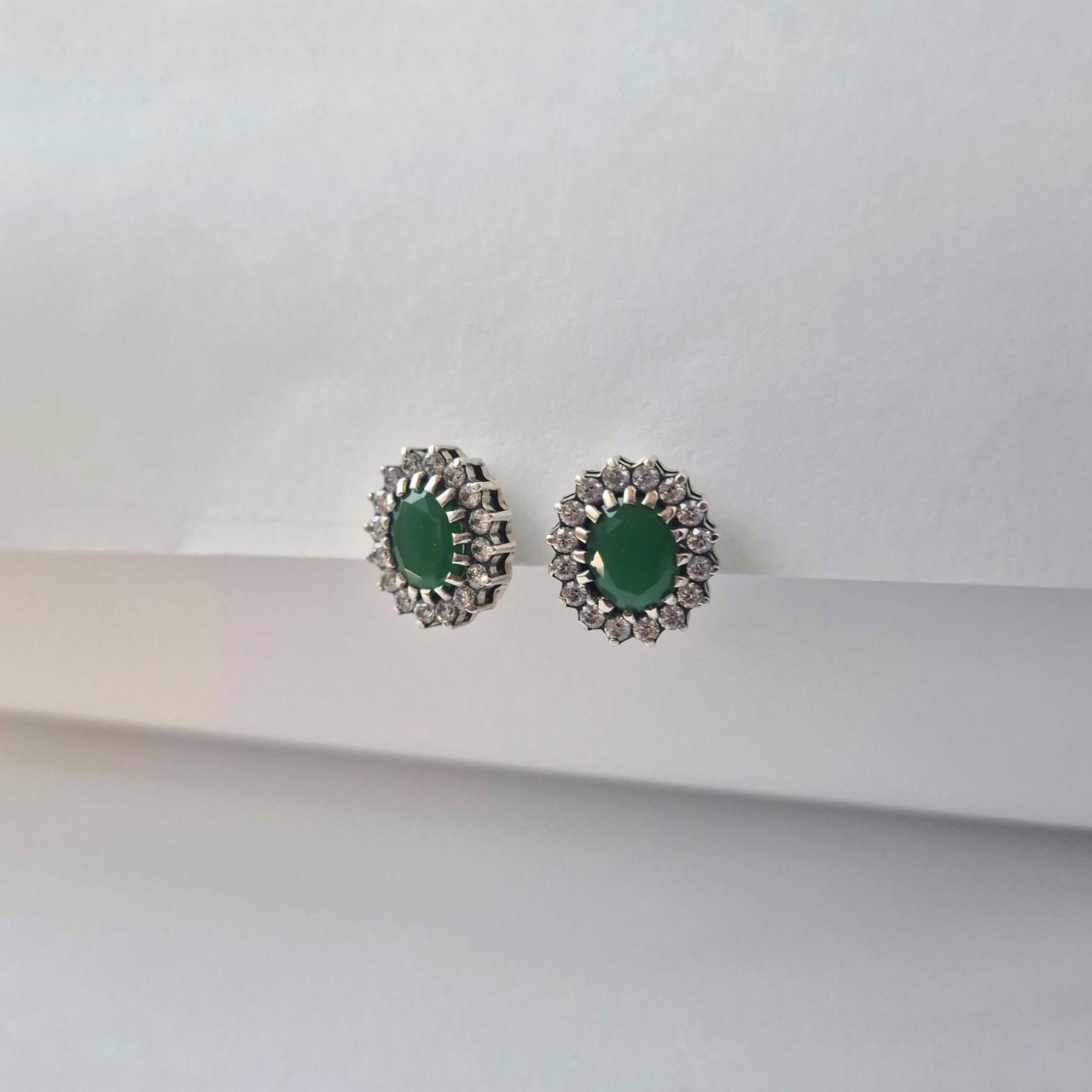 Сережки овал із великим зеленим каменем імітація хризопраз чорнене срібло 925 проби 5,10 г (2885) - фото 7