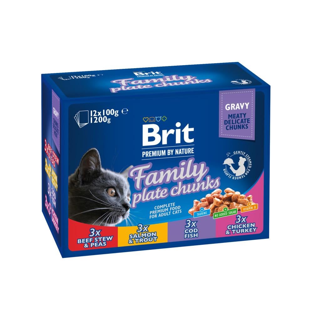 Корм влажный Brit Premium Cat Family Plate pouches набор паучей семейная тарелка для кошек ассорти 4 вкуса 100 гх12 шт. (34806745)