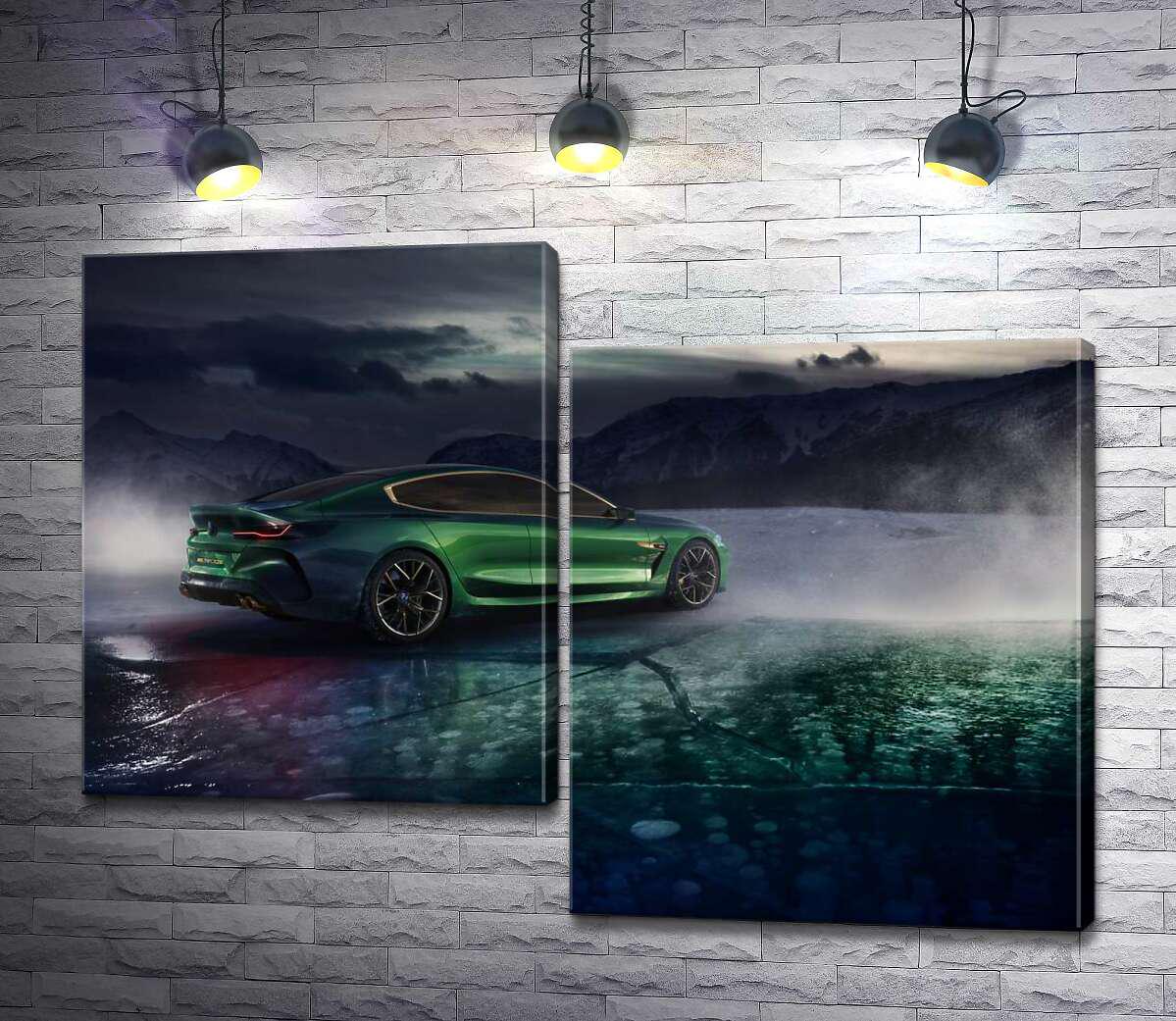 Модульная картина ArtPoster Зеленый автомобиль BMW M8 Gran Coupe дрифтует по темному льду озера 100x74 см Модуль №5 (003231)