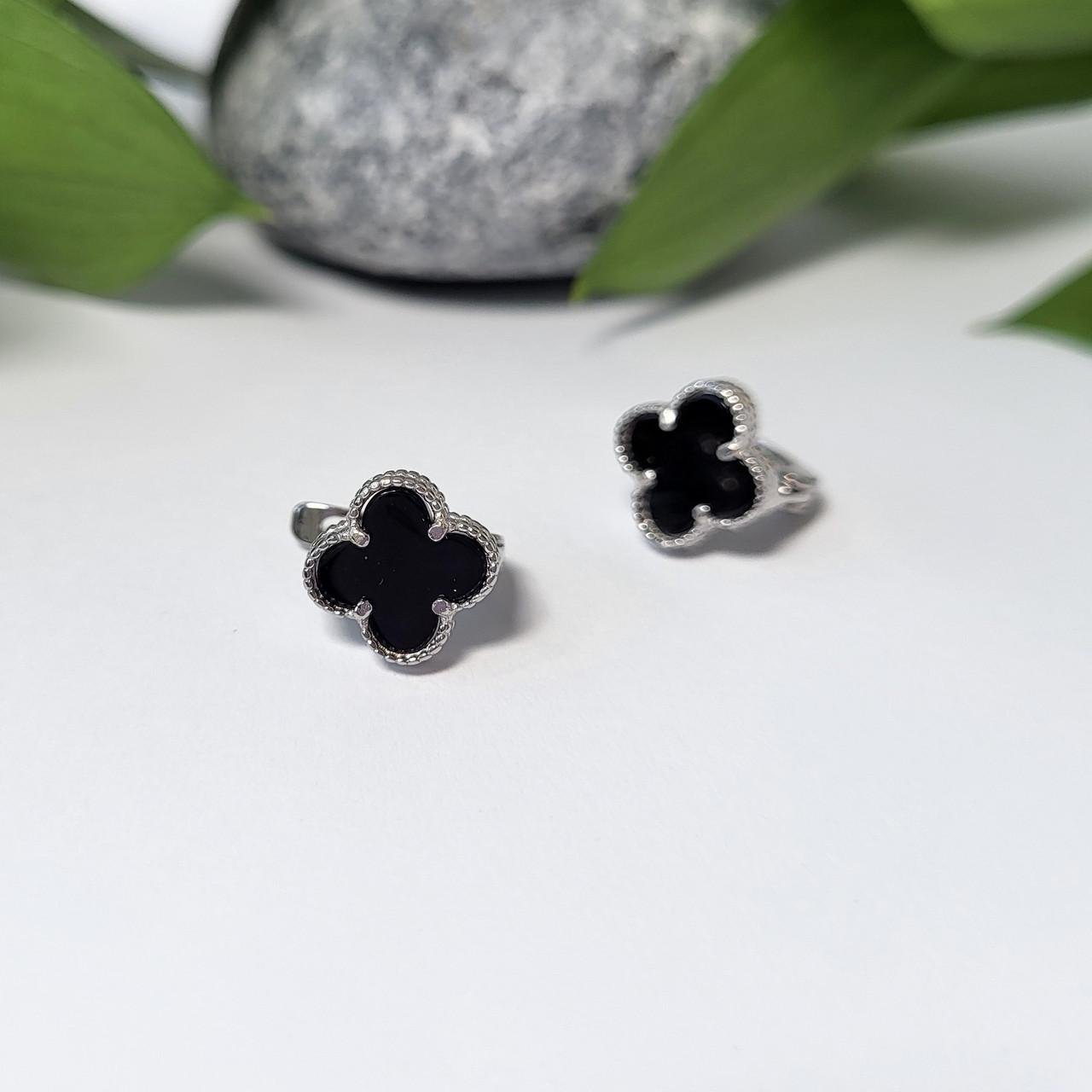 Серебряные серьги пара Цветок с ониксом 925 проба Черный (ск2о/1495)