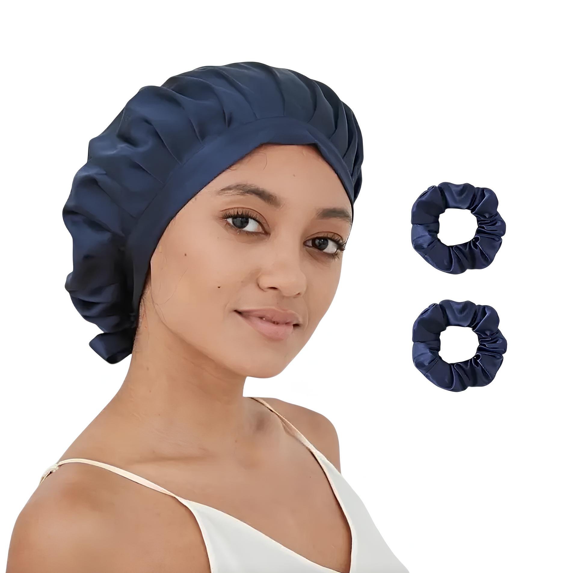 Шапочка для сна шелковая с мулберри и 2 большие шелковые резинки для волос Синий