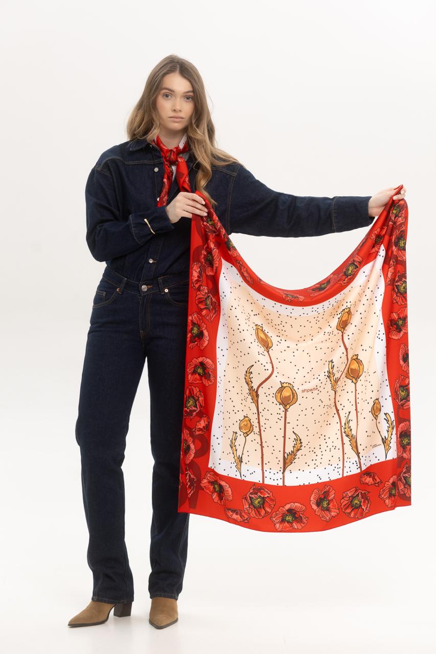 Платок Маки шелковый односторонняя печать 55х55 см Бежево-красный (27557551) - фото 2 Платок Маки шелковый односторонняя печать 55х55 см Бежево-красный (27557551) - фото 2