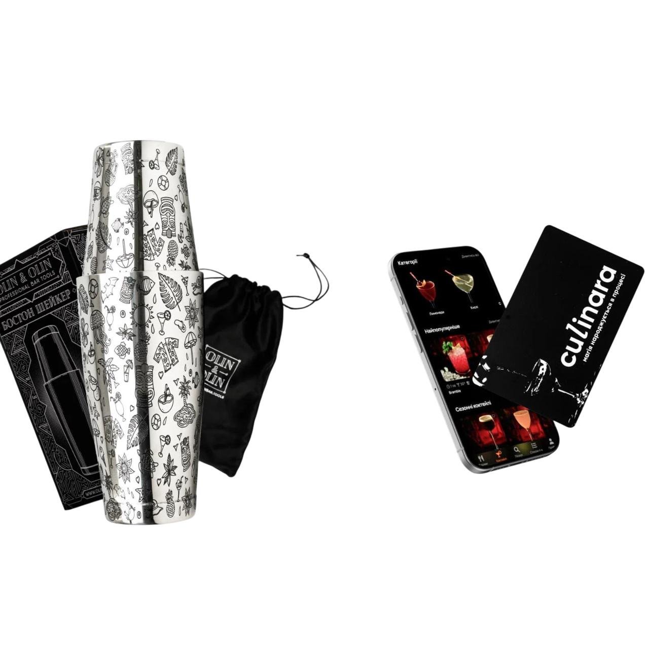 Подарунковий барний набір Olin&Olin бостон шейкер Тікі для приготування коктейлів та підписка Culinara на 6 місяців (7936-KI-Sh-t-St-k)