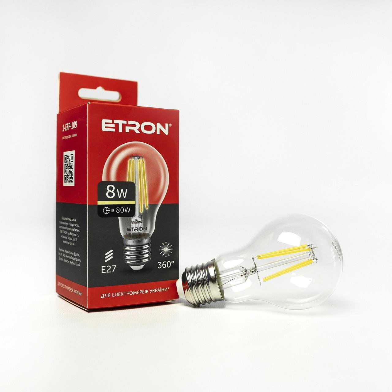 Лампа LED ETRON Filament 1-EFP-109 A60 8 Вт E27 3000 K Прозорий