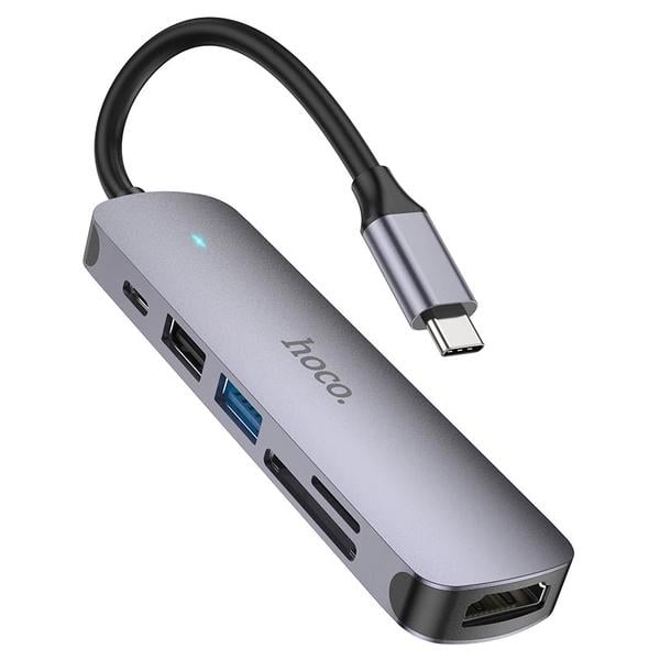 USB-хаб Hoco HB28 6в1 Type-C to HDMI 4K30 Hz/USB 3.0/USB 2.0+SD/TF/PD 60W Metal Grey (6931474769336)