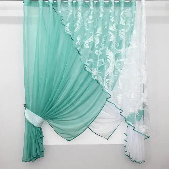 Шторы на кухню 300х170 см Бирюзовый/Белый (063к 11)