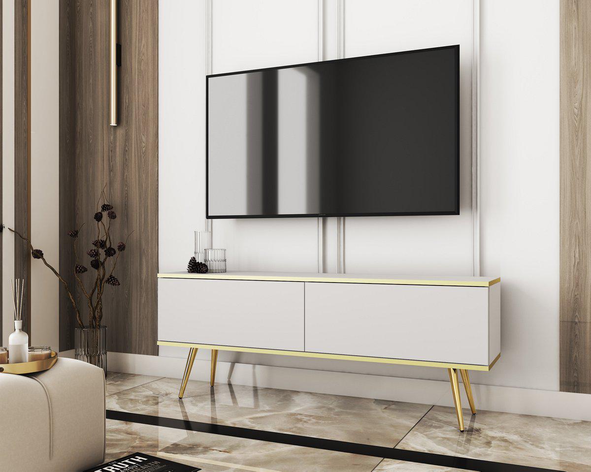 Тумба под телевизор Perfect Home Oro RTV135 2-дверная с золотыми ножками Белый (PFH-091313)