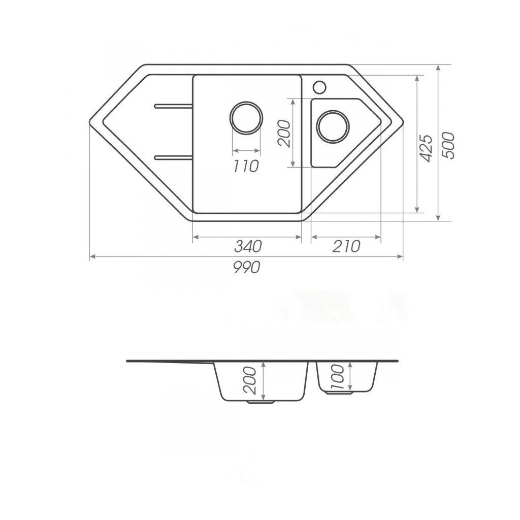 Мойка кухонная Platinum PLS-A25188 гранитная угловая полторы чаши 990x500 мм Бежевый (152218) - фото 2