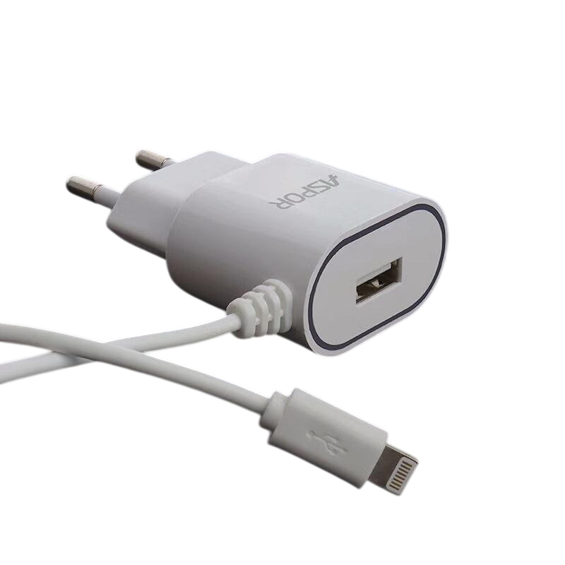 Мережевий зарядний пристрій Aspor A802 1USB/1A LED та USB кабель Lightning Білий (925003)