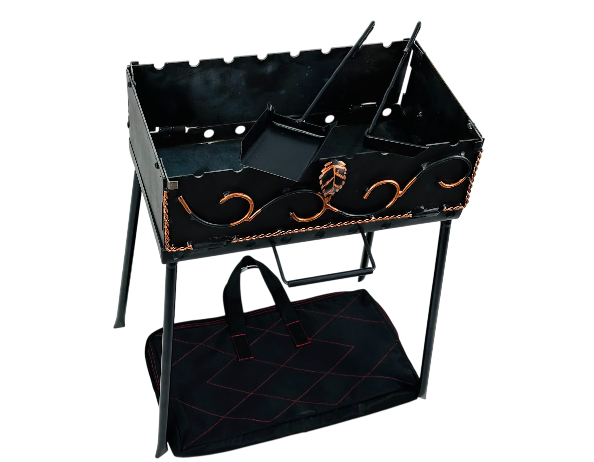 Раскладной мангал-чемодан из стали 2 мм кованый на 8 шампуров с кочергой и совком в чехле с ручками 44х24х60 см Черный (124-10-MG-5060)