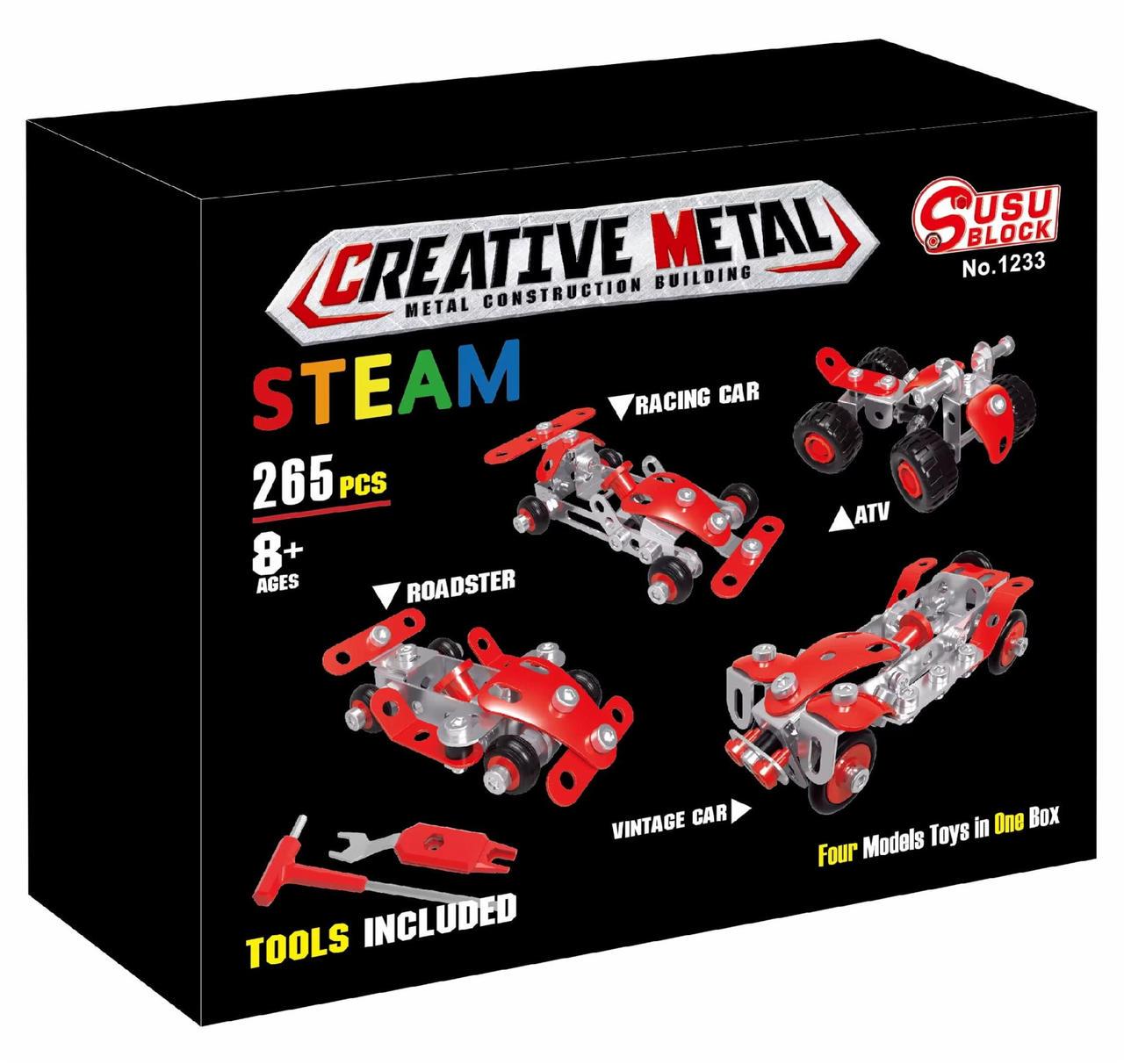 Конструктор детский металлический STEAM Машинки 4 модели с инструментами 265 деталей (1840) Конструктор детский металлический STEAM Машинки 4 модели с инструментами 265 деталей (1840)