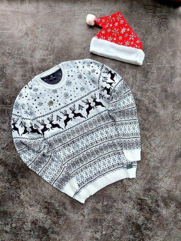 Светр новорічний з оленями 8623 S Білий - фото 1 Светр новорічний з оленями 8623 S Білий - фото 1