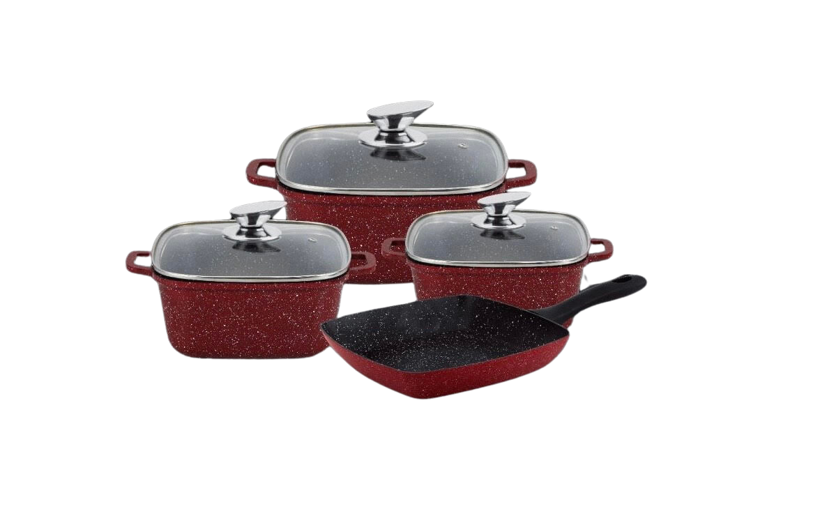 Набор кастрюль со сковородой Benson BN-388 из литого алюминия и гранитным антипригарным покрытием 7 пр. 2,1/3/5,1 л Красный с белым (BN-388)