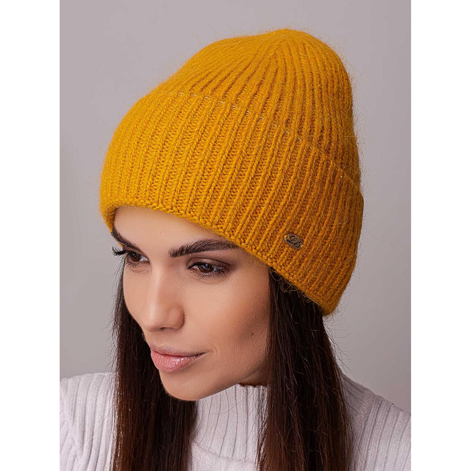 Шапка ангоровая Leks ТРЮФЕЛЬ в рубчик с отворотом утепленная флисом one size Янтарный (205102)