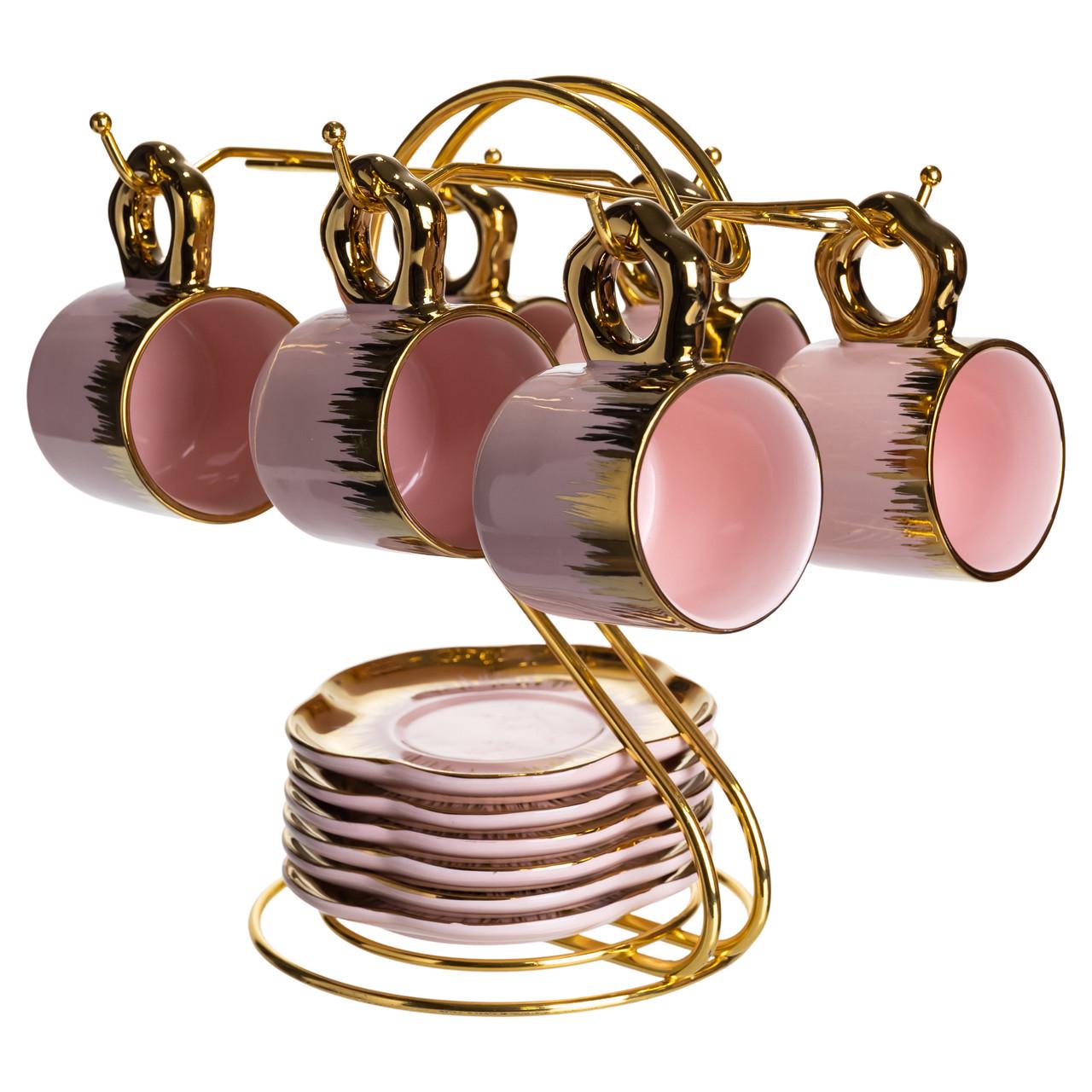 Набір чашок для кави на металевій підставці подарунковий 6 шт. по 100 мл Рожевий із золотим (FM-48) - фото 6