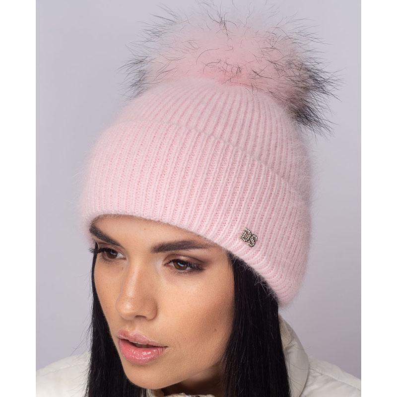 Шапка женская ангоровая Leks АСТОРИЯ с песчаным помпоном утепленная флисом с отворотом One size Бледно-розовый (132173)
