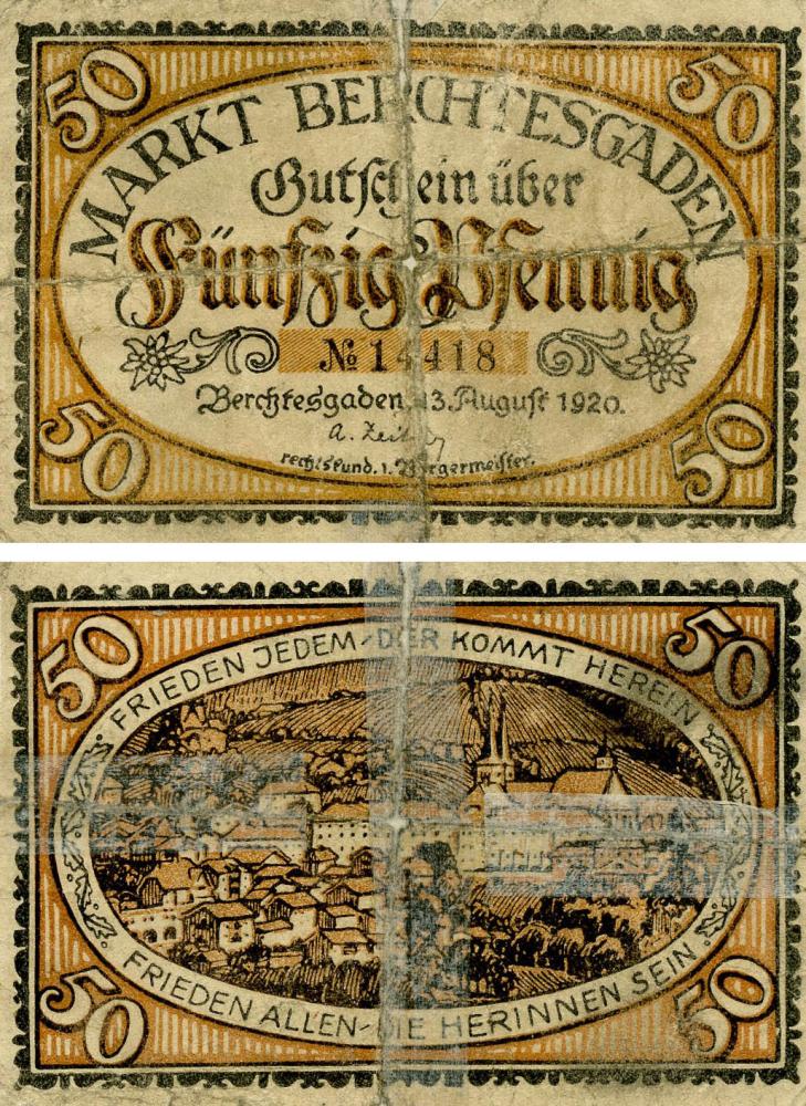 Коллекционная банкнота Германия Нотгельд 50 пфеннигов 1920 G-VG Берхтесгаден (Б18658)