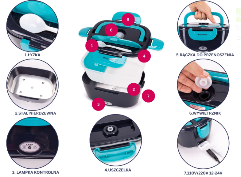 Ланч-бокс електричний Kamille Vizo із двома ємностями 1,5/0,45 л автомобільний Чорний/Блакитний (2170) - фото 7