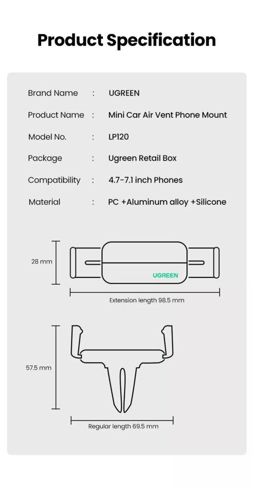 Держатель UGREEN LP120 Air Vent Mount Black для iPhone (10422) - фото 16