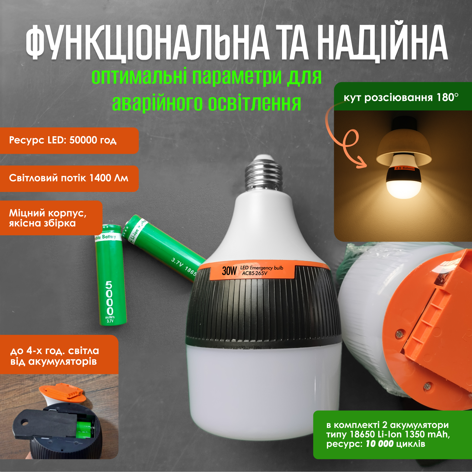 Светодиодная аккумуляторная лампа Е27 30 Вт в эквиваленте 150 Вт 2700 mAh (LE27-30) - фото 6