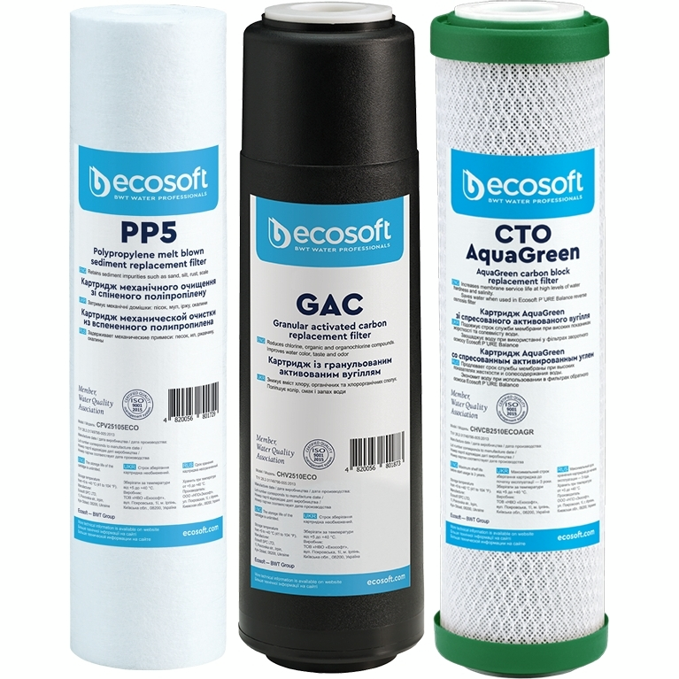 Комплект картриджів Ecosoft 1-2-3 для осмосу Absolute поліпропілен GAC AquaGreen 3 шт. (608958)