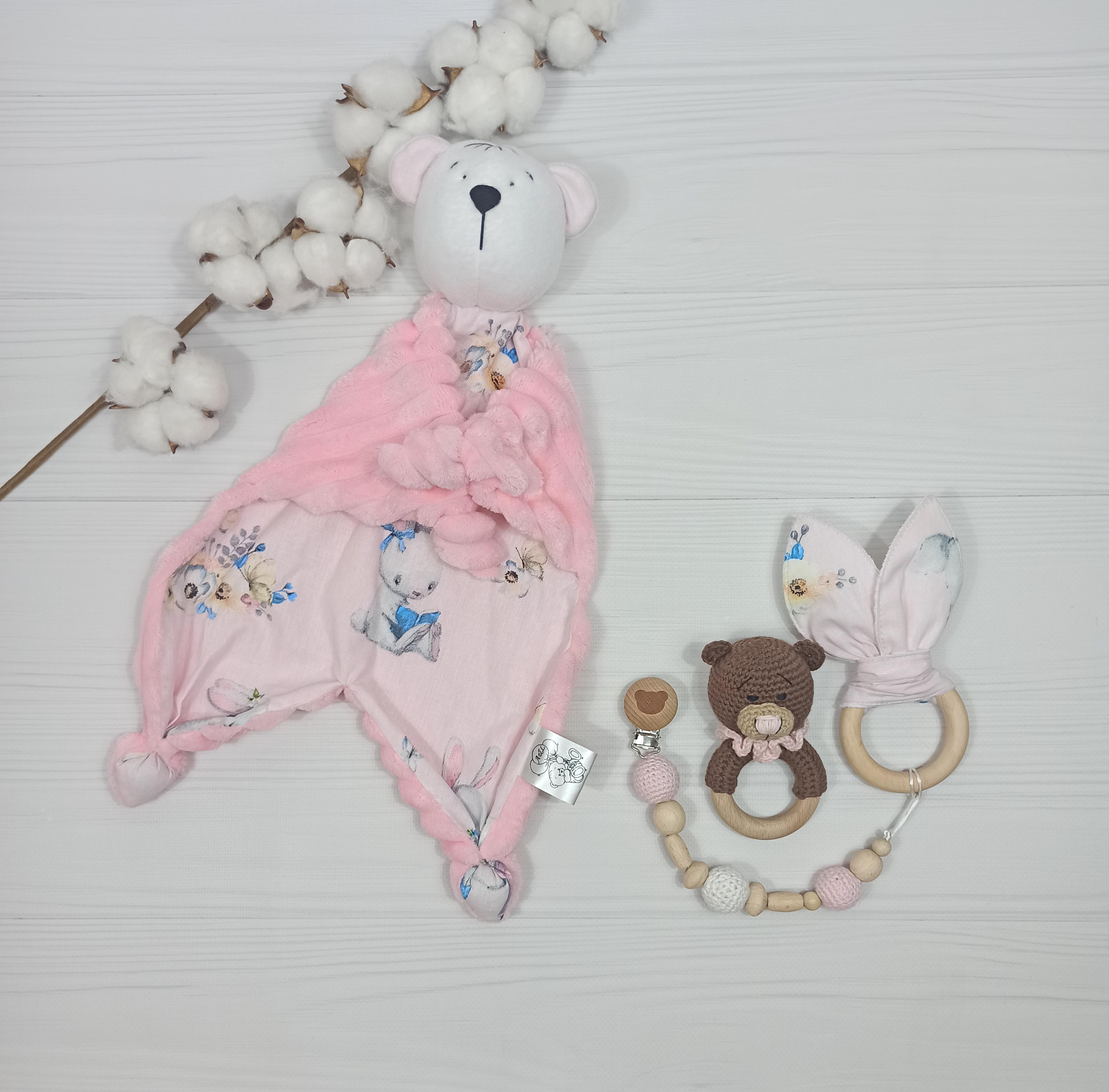 Іграшка-комфортер для малюка a.l.babybox Зайчик з мамою Ведмедик-брязкальце і еко-гризунок Шурхітливі вушка з підвіскою (23747720)