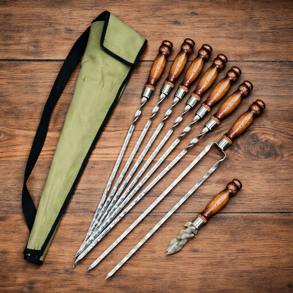 Набор шампуров Лира 6/1/1 ретро ручка в зеленом чехле (10265)