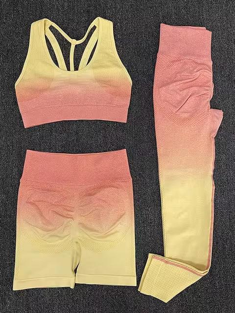 Костюм спортивний трійка топ легінси/шорти з градієнтом M Жовто-жовтогарячий (EMES01M)