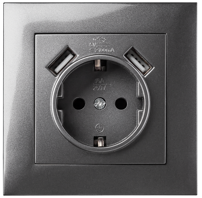 Розетка одноместная с заземлением и двумя USB портами MARSHEL IDEAL RS16-472 Graffite (19124391)