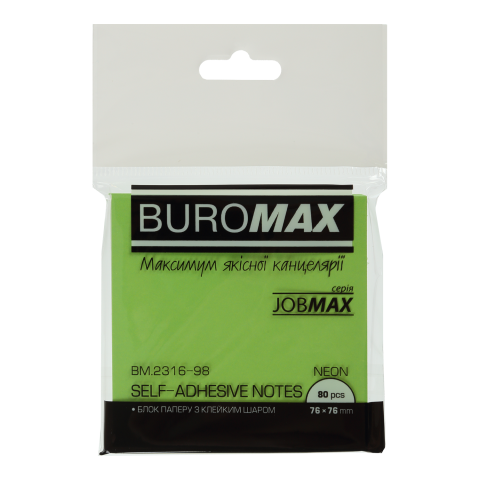 Бумага для записей Buromax JOBMAX NEON с клейким слоем 76х76 мм 80 листов (BM.2316-98-1)