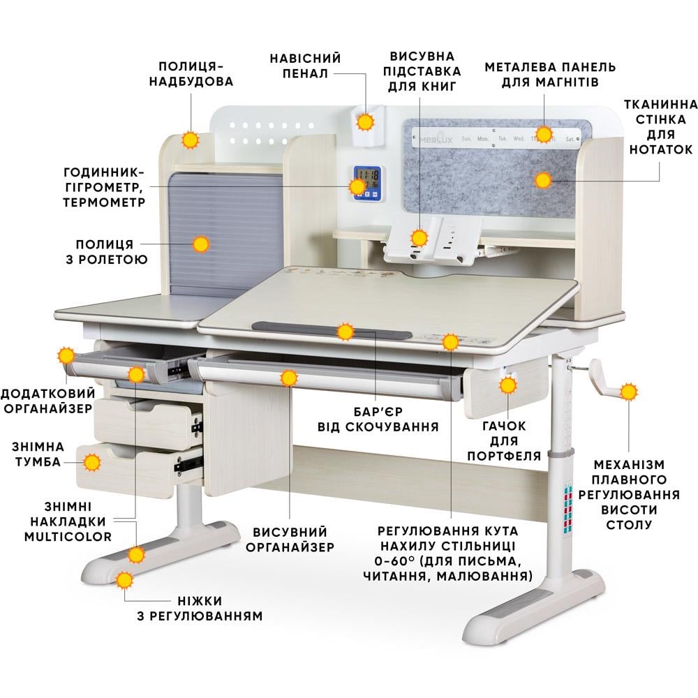Парта трансформер шкільна ергономічна дитяча Mealux Winnipeg Multicolor Plus Береза/Сірий (BD-630 MG з тумбою) - фото 3