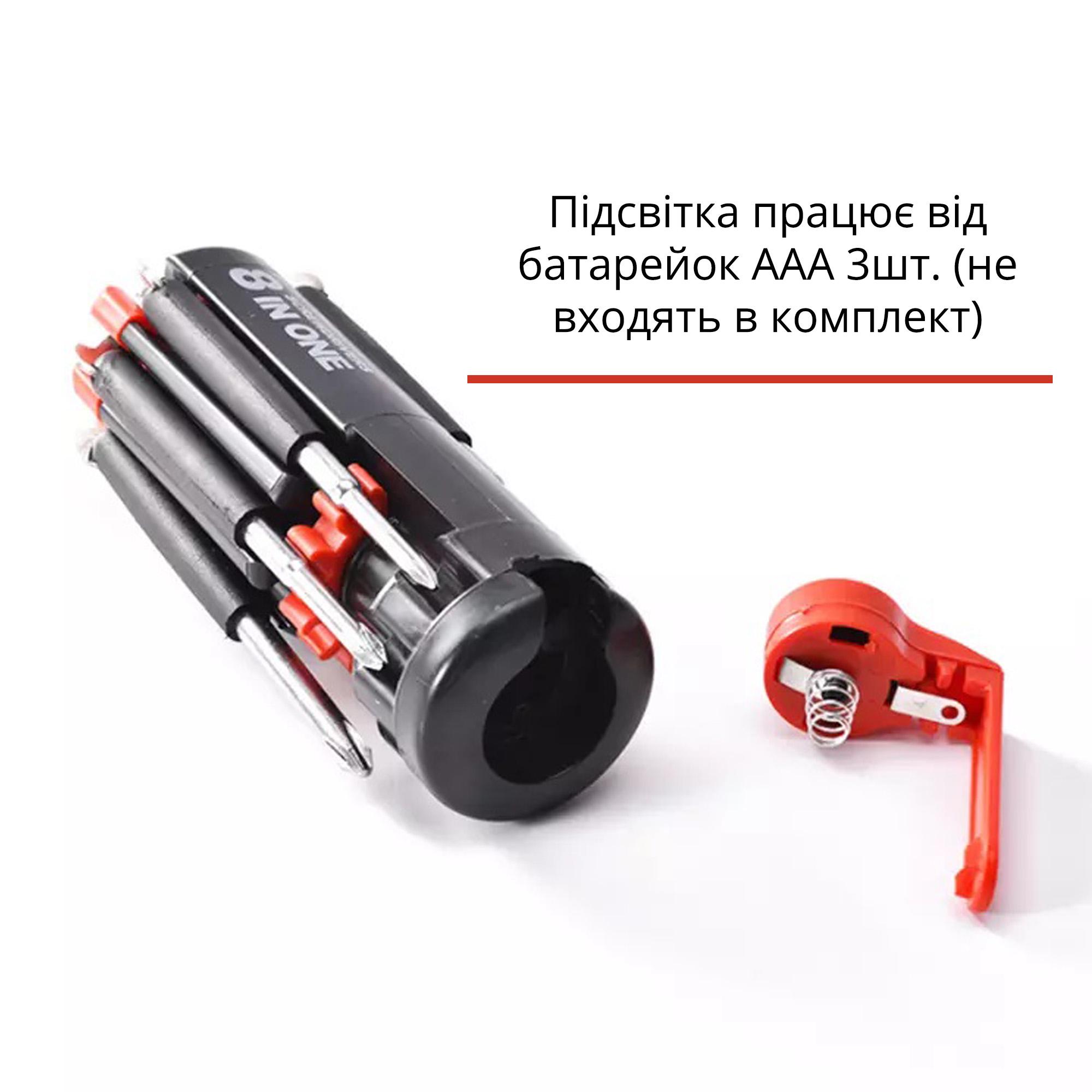 Викрутка портативна Multi-Screwdriver Torch зі світлодіодним ліхтариком 8в1 Чорний/Червоний - фото 7