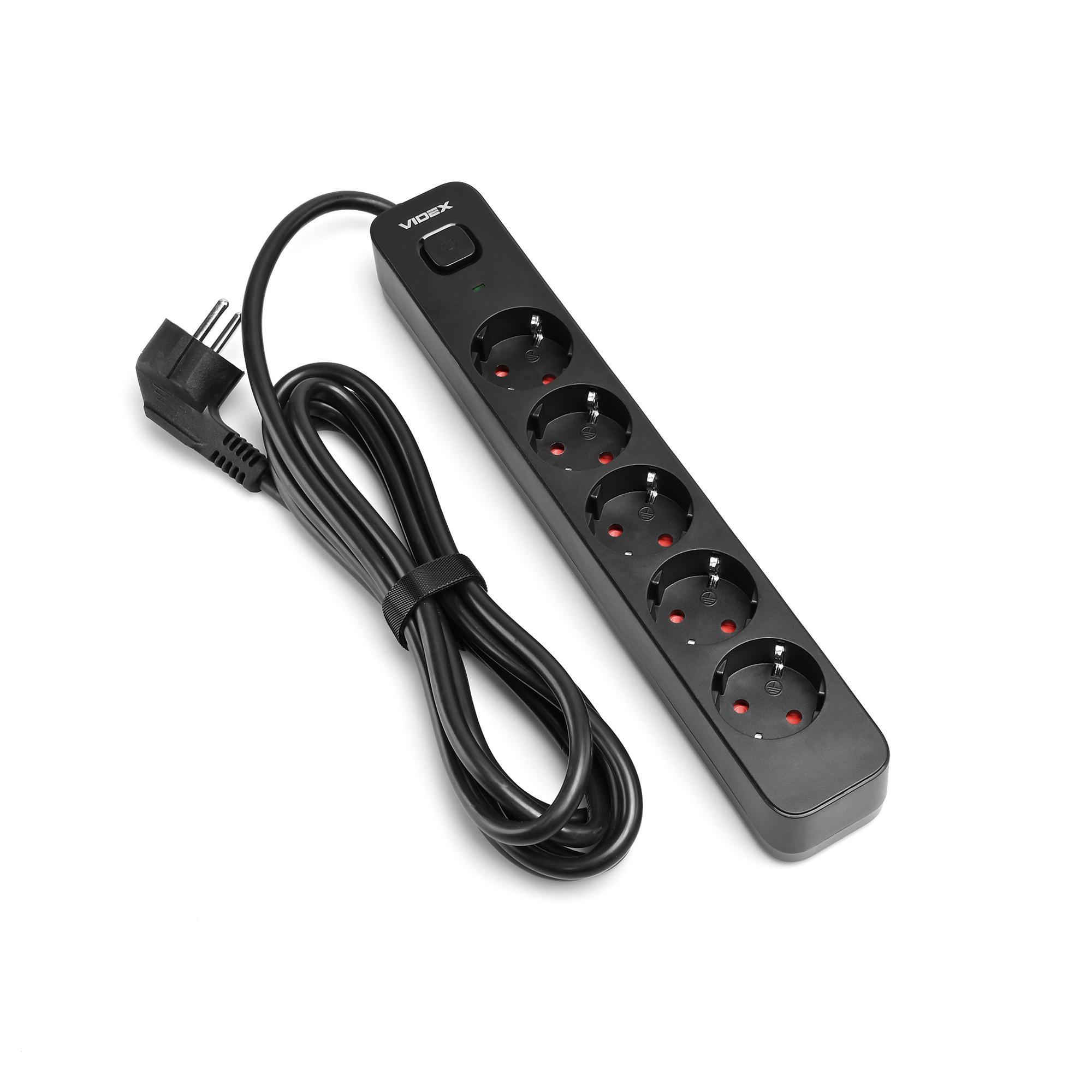 Удлинитель Videx ONCORD 5 гнезд с заземлением/кнопкой/шторками 3 м Черный (VF-PD53G-B) - фото 2