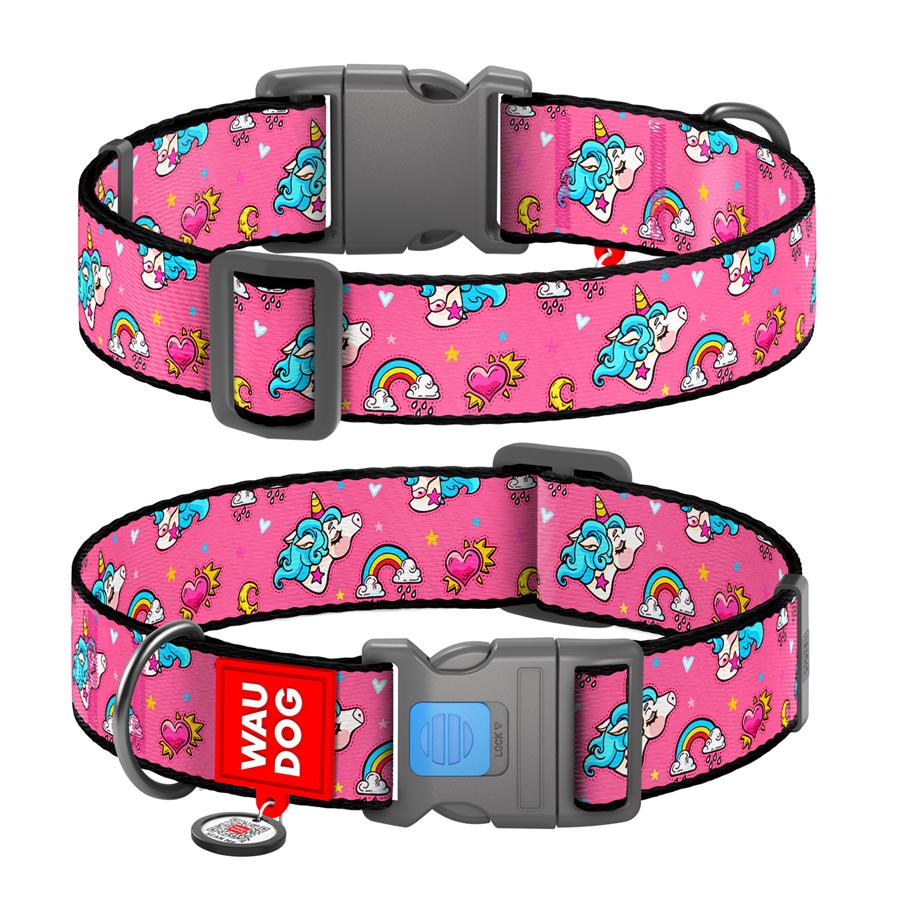 Ошейник для собак с QR-паспортом Waudog Nylon Единороги пластиковый фастекс XXL 35 мм 46-70 см Pink (284-0013)