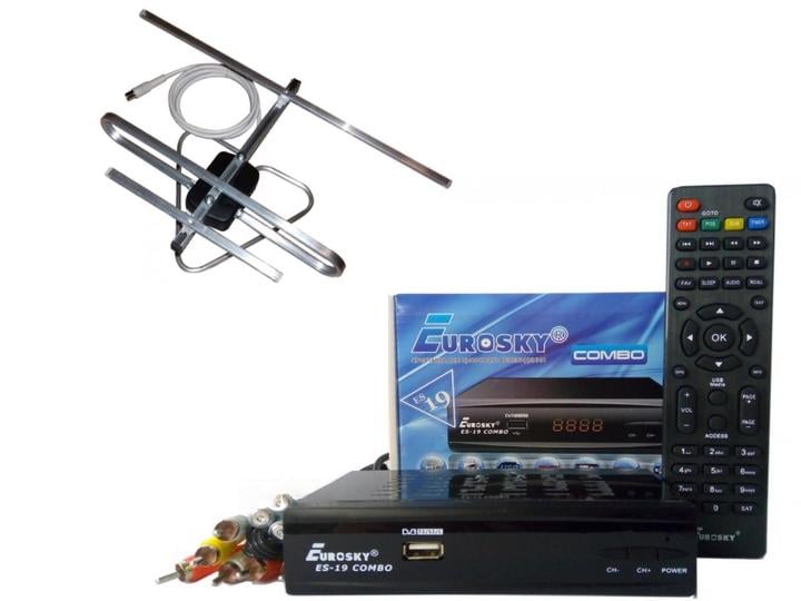 Комплект DVB-S2/T2 тюнер комбинированный Eurosky ES-19 Combo/антенна комнатная с усилителем A-sus