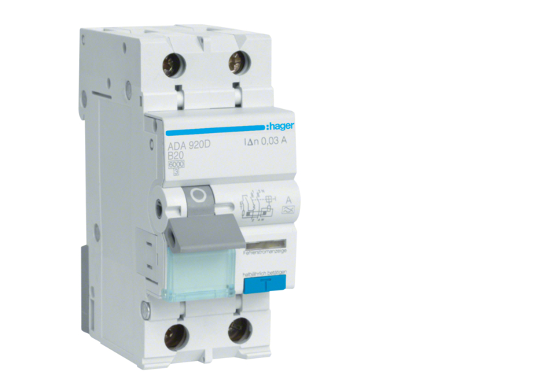 Выключатель автоматический дифференциальный Hager ADA920D 6kA В-20A 30mA (27436512)