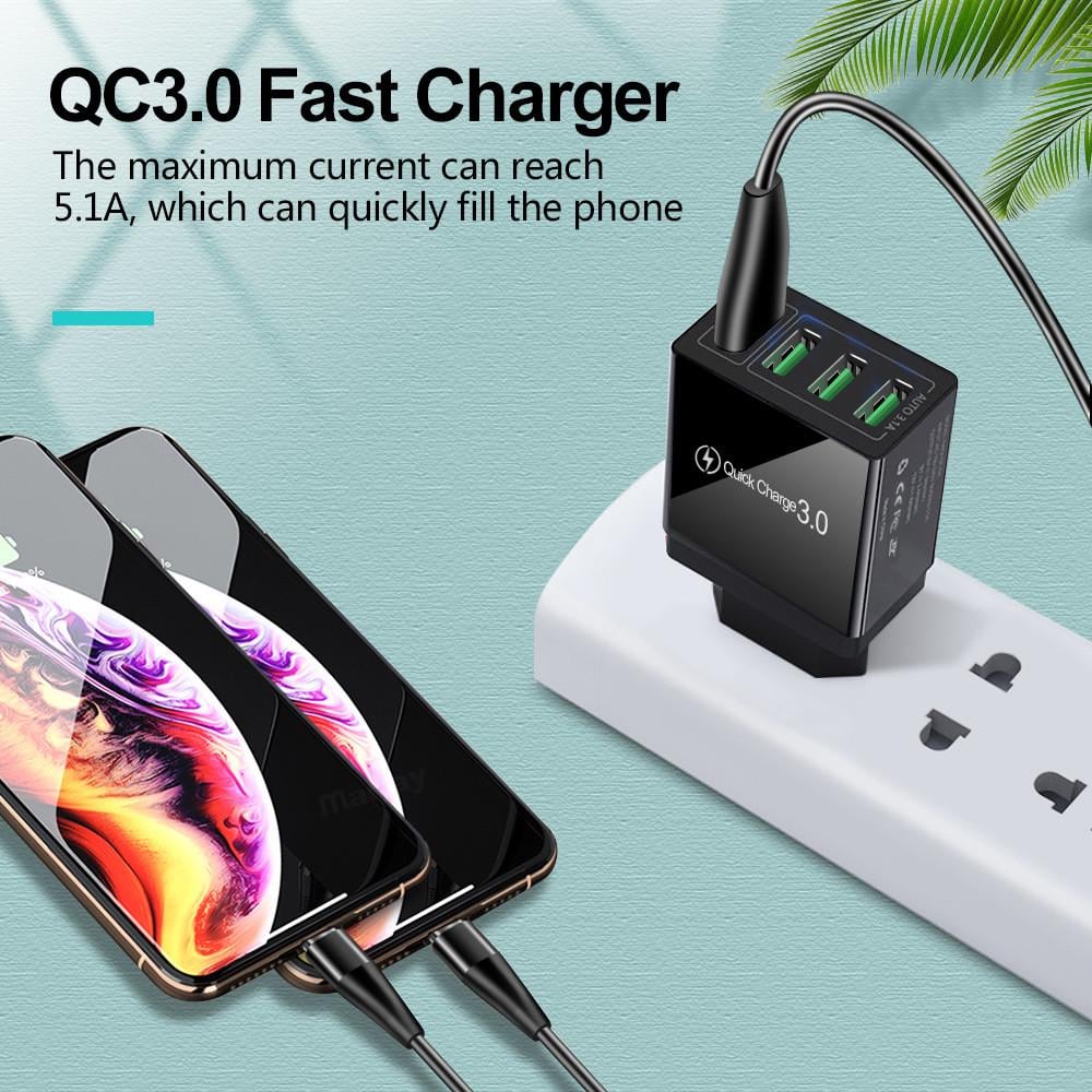 Мережевий зарядний пристрій 6.2А QC 3.0 швидка зарядка на 4-USB порту + кабель USB 6A для заряджання Чорний - фото 10