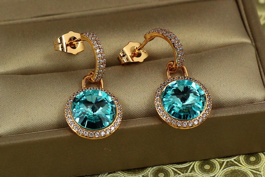 Серьги подвески Xuping Jewelry Сваровски Романс с голубыми камнями 2,8 см Золотистый (2584905217)