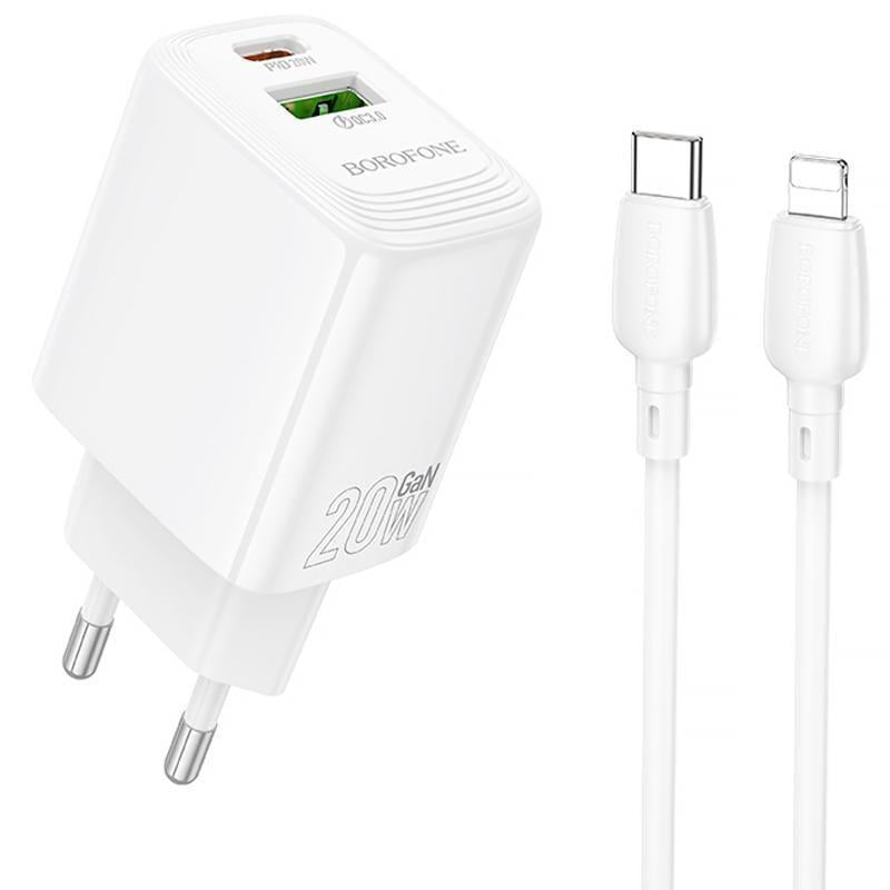 Зарядний пристрій мережевий Borofone BN27 Fuente PD20W/QC3.0 1USB-A/1C з кабелем Type-C to Lightning White (00000079662_1)