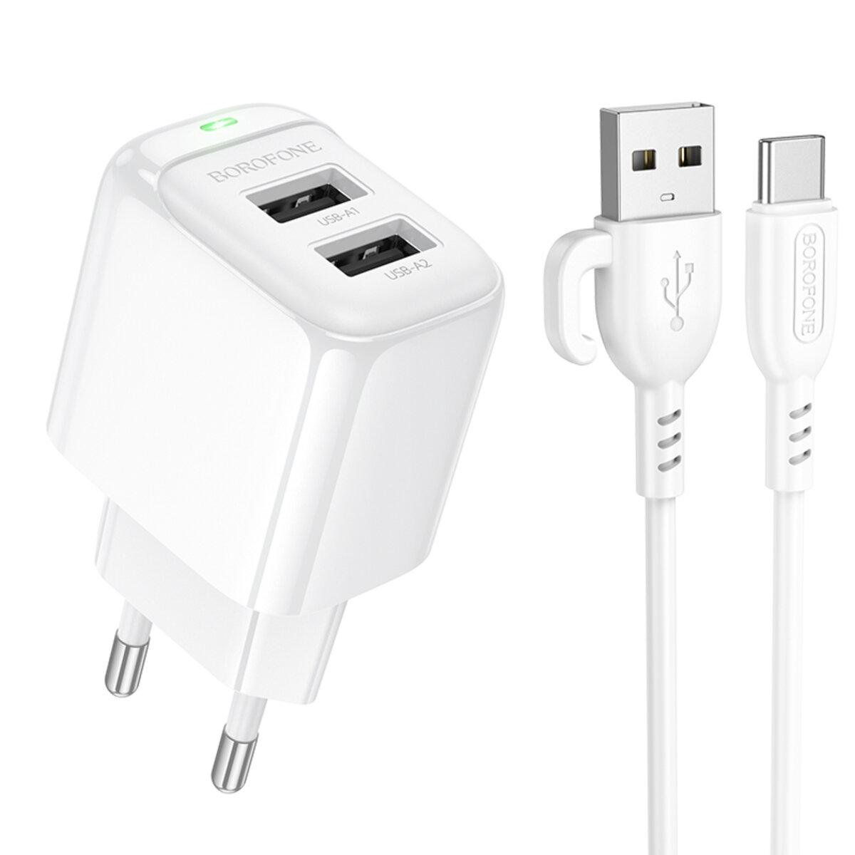 Зарядное устройство с кабелем Borofone BAS41A Potential Dual-Port Charger Set USB to Type-C 2A White (6941991113772) Зарядное устройство с кабелем Borofone BAS41A Potential Dual-Port Charger Set USB to Type-C 2A White (6941991113772)