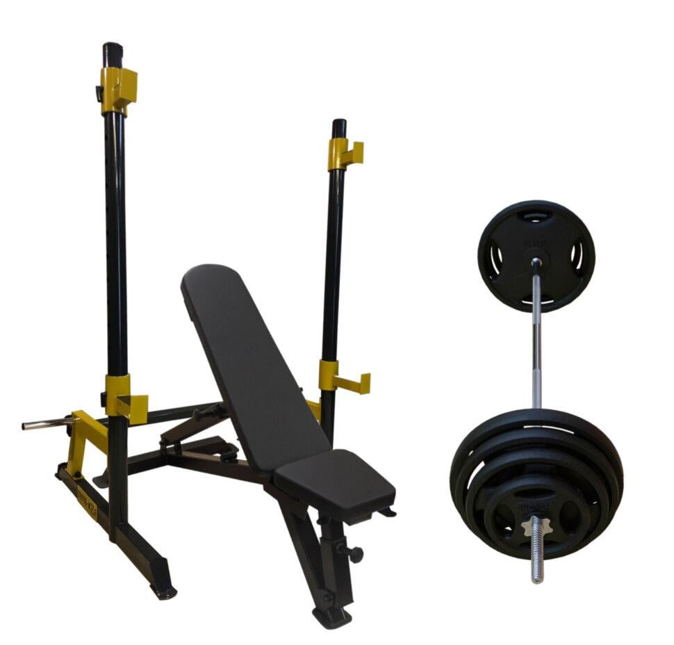 Набор скамейка PE208 + стойки под штангу Round PRO + штанга RN-Sport Quatro 105 кг