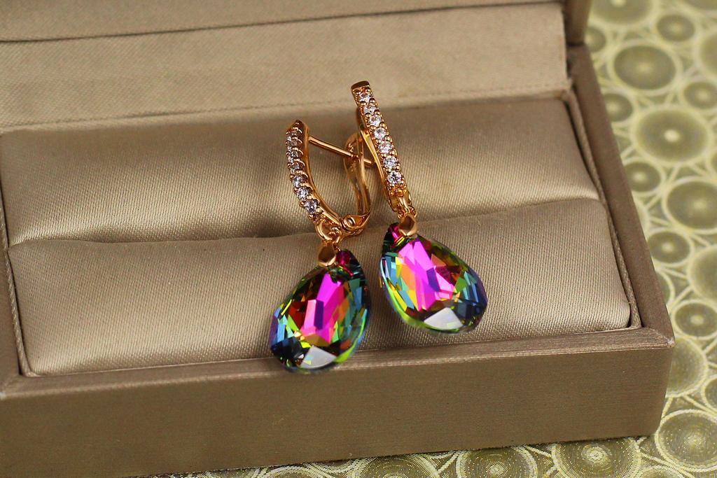 Сережки підвіски Xuping Jewelry Велика крапля із зеленим каменем Сваровські 3,4 см Золотистий