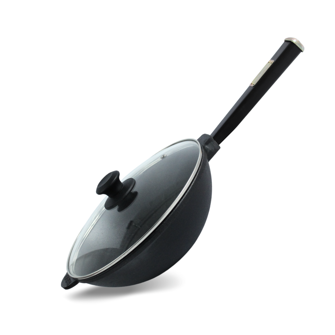 Сковорода чугунная Brizoll с деревянной ручкой и стеклянной крышкой WOK 2,8 л Black (32551162)