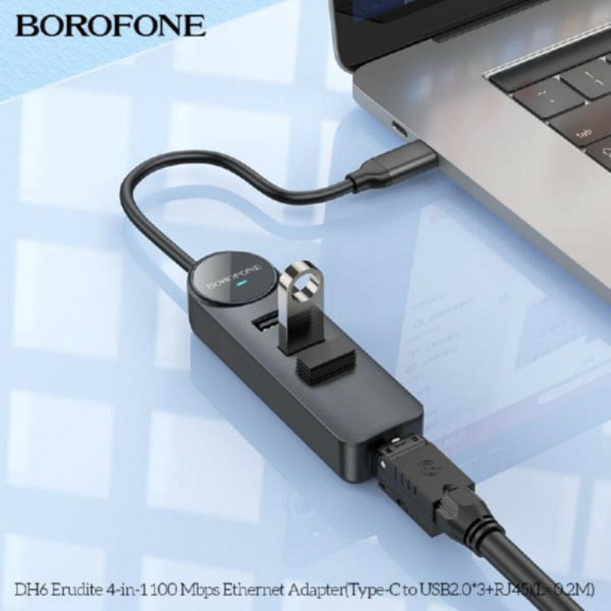 Адаптер Borofone DH6 HUB Erudite 4в1 Gigabit Ethernet Type-C to USB2.0 L 20 см Black (602988) - фото 4