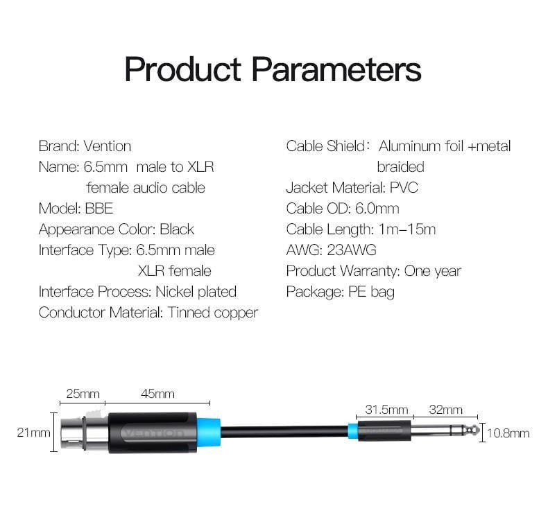 Кабель Vention XLR мама-6.5 мм Jack папа аудио для микшера 2 м Черный (BBEBH) - фото 13