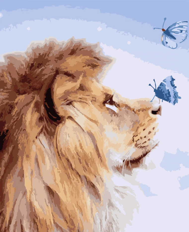 Картина по номерам Strateg Премиум Лев и бабочки с лаком и уровнем 40x50 см (SY6773)