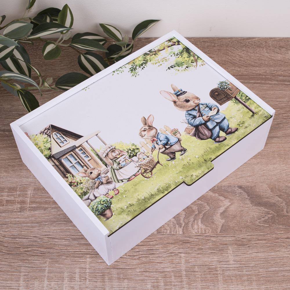 Коробка прямокутна 25 см із зайками на лужку (957-79)