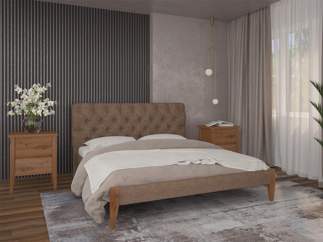 Кровать двуспальная MebiGrand Рим ТК с мягким изголовьем Аляска 02 180x200 см Орех светлый/бежевый (51898)