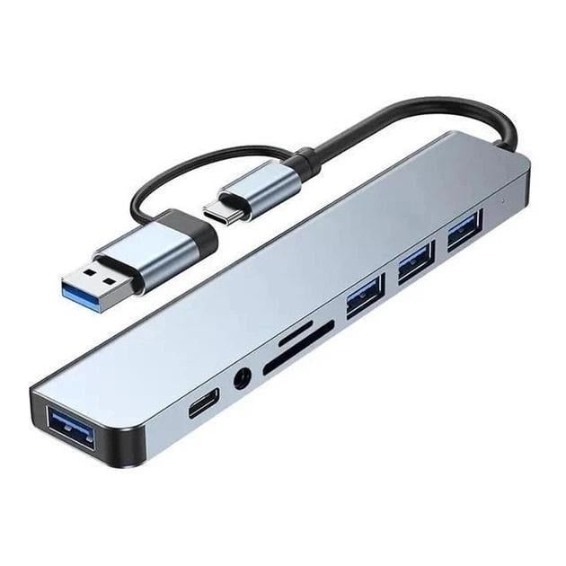 Концентратор Type-C/USB A 8в1 алюмінієвий з USB 3,0 USB 2,0 TF/SD кардрідером та аудіо 3,5 мм (HUB-8IN1)